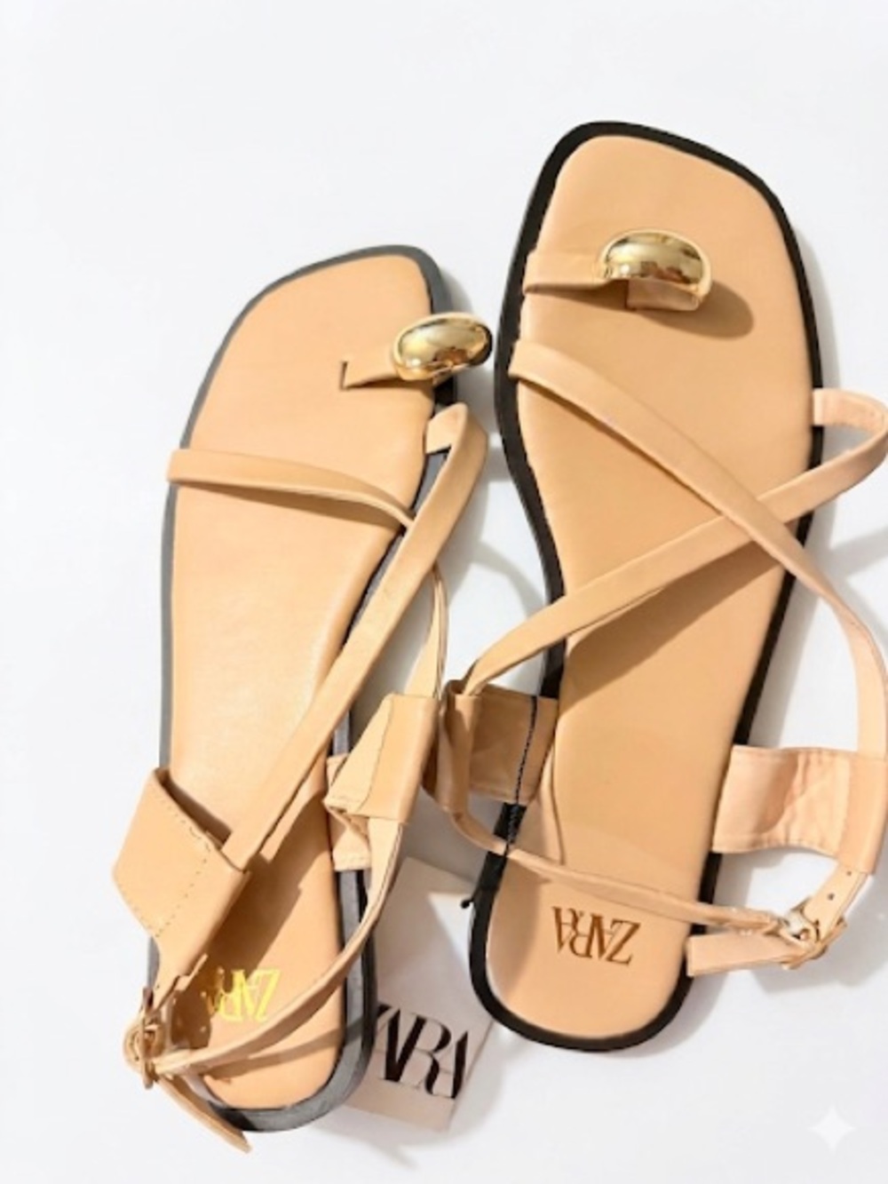 ZARA Tan Strappy Toe-Ring Flat Sandals with Gold Accent
